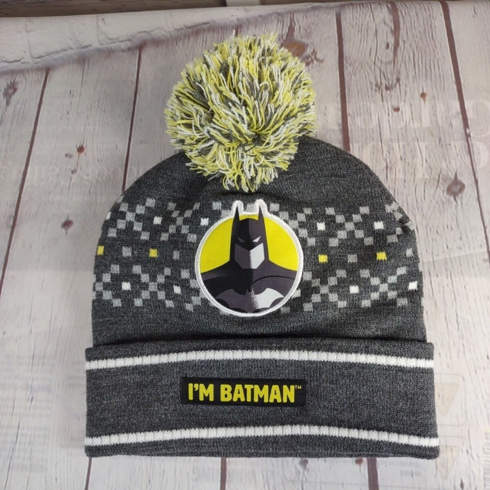I'm Batman Unisex Kids Beanie Hat Toboggan One Sz Charcoal Gray Yellow White Pom